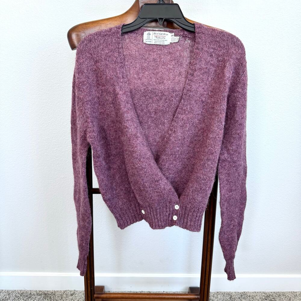 Vintage Talbots Scottish Shetland Wool Wrap Cardigan Purple Heather 100% Wool 36